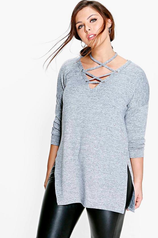 Plus Helena Long Sleeve Knitted Lace Up Top